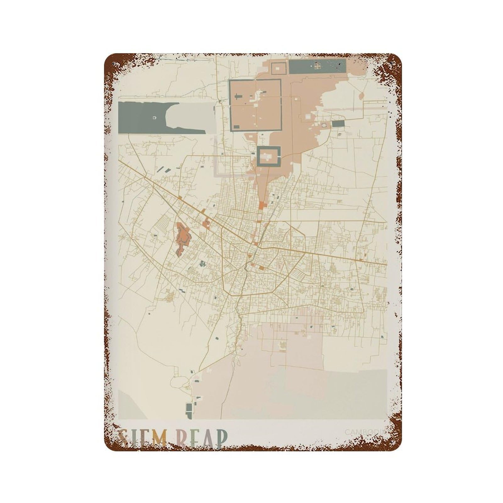 xiaoxiaoshen Siem Reap Map Cambodia Travel Gift Boho Wall Decor Art Metal Tin Poster Modern Home Decor Art Home Bar Shop Decorations Vintage Sign 40x30cm