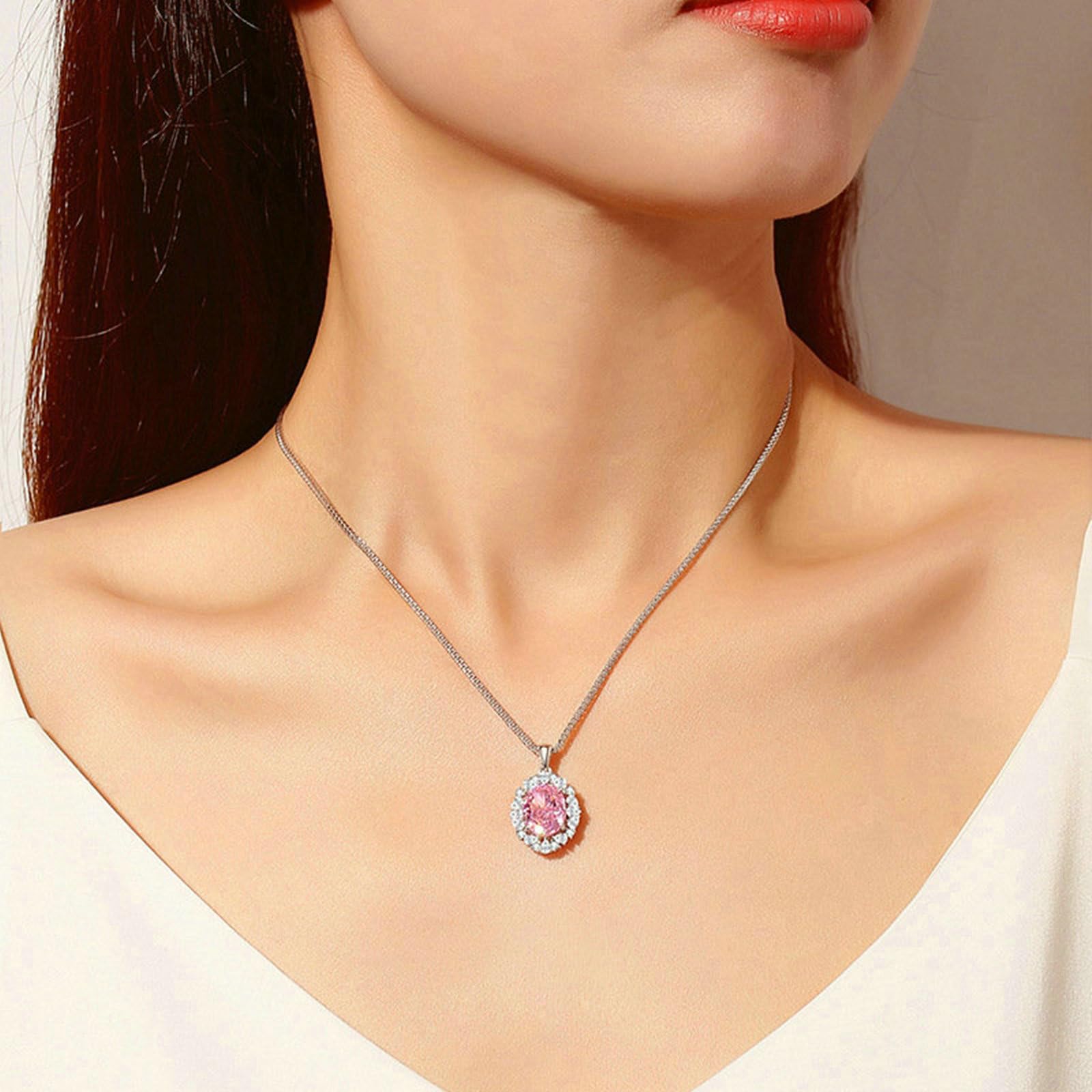 Collana con ciondolo da donna in oro bianco 585, ciondolo a forma di fiore con 4 carati, ovale, rubino e smeraldo, rosa zaffiro citrino e moissanite, collana da donna, 45 cm, senza nichel