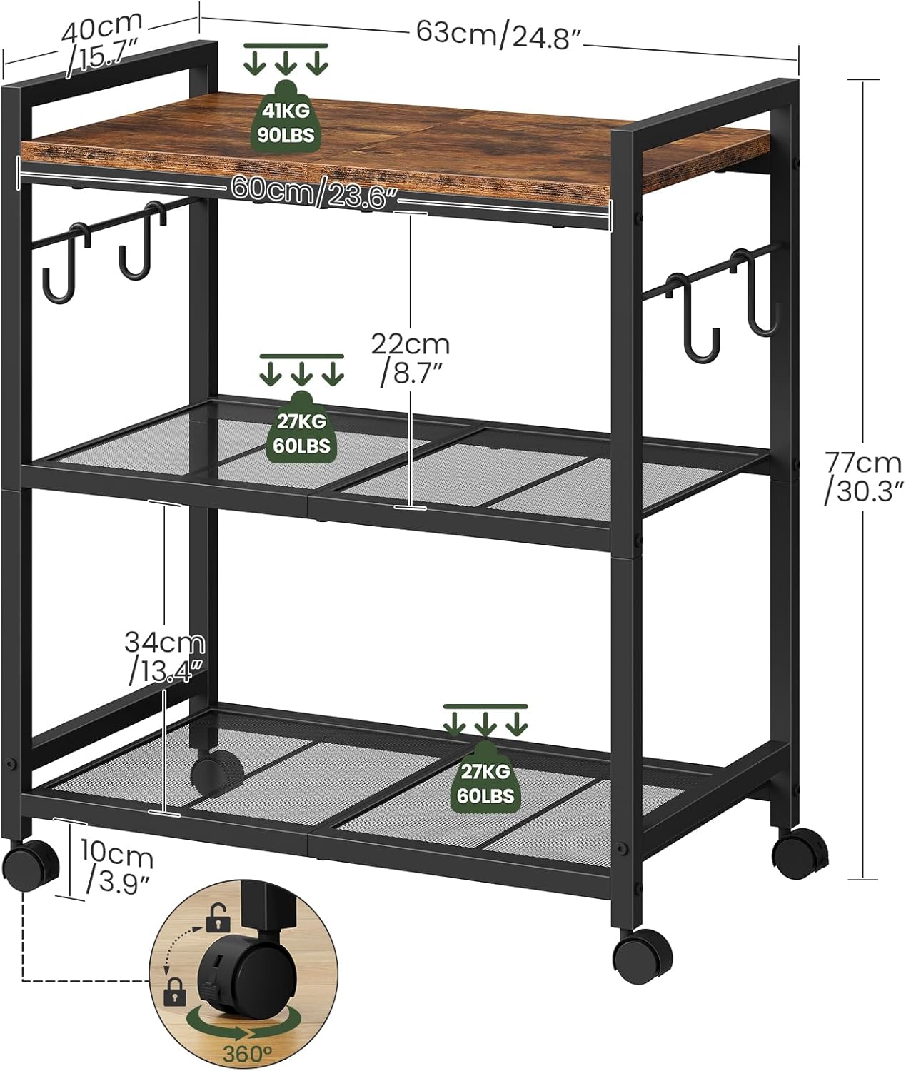 3-Tier Rolling Bar Cart, Vintage Metal Kitchen Cart with Wheels, Mobile Storage Shelf, Rolling Microwave Stand with Mesh Shelves for Home Bar, Kitchen, Rustic Brown and Black TTC06BF