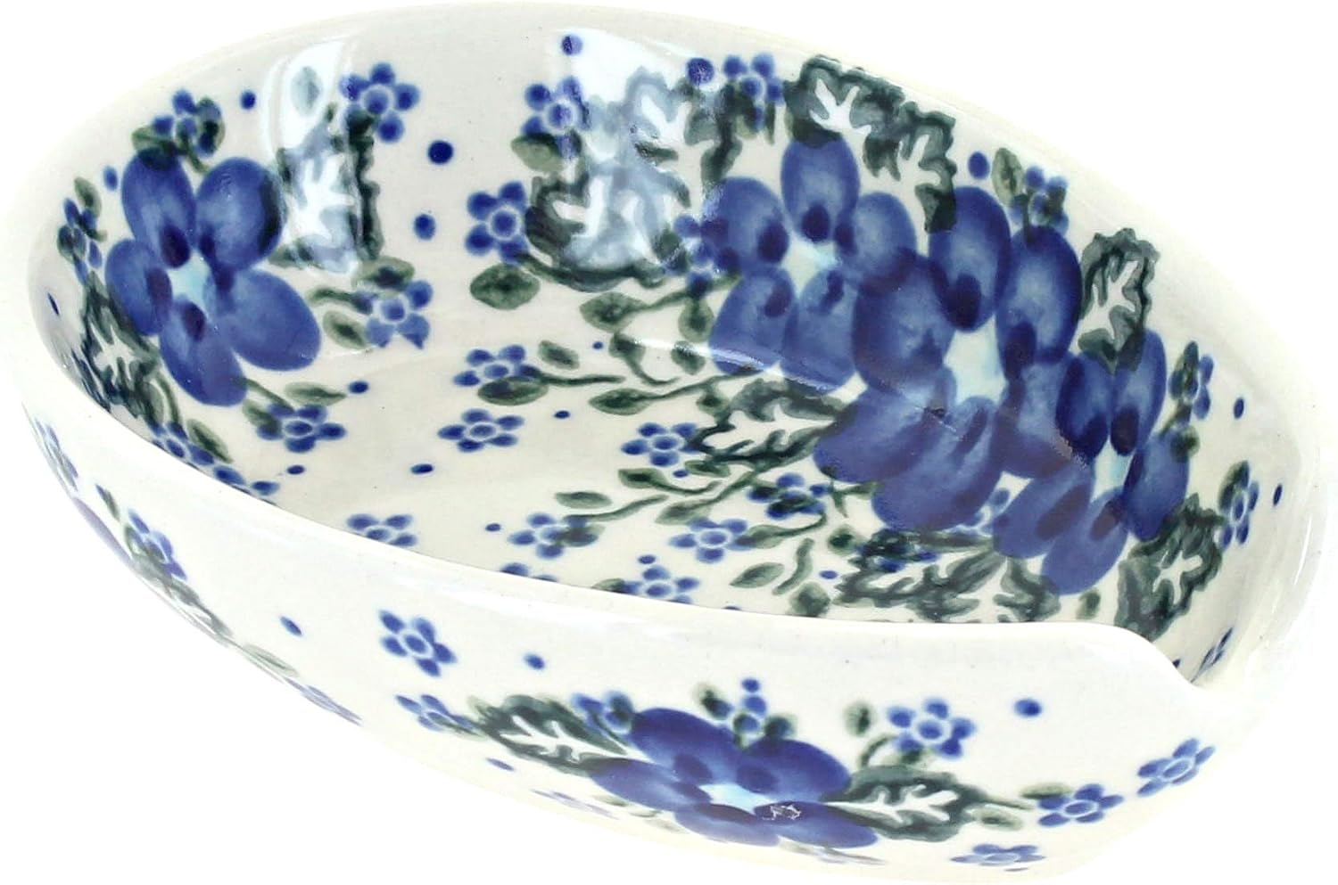 Blue Rose Polish Pottery - Garden of Blue Small Spoon Rest - 5.5" x 3.5" - Heat-Resistant Decorative Spoon Holder for Cooking