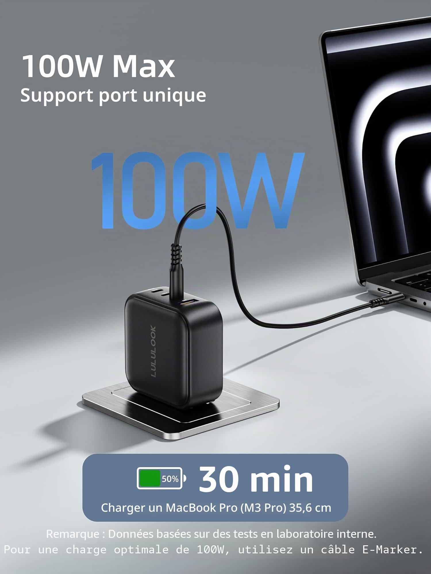 LULULOOK Chargeur USB-C 100W, bloc 4 ports GaN PD - Chargeur rapide universel - Compatible MacBook Pro/Air, iPad mini/Pro, iPhone 16/15, Samsung S23/S22, Pixel 6, ordinateur
