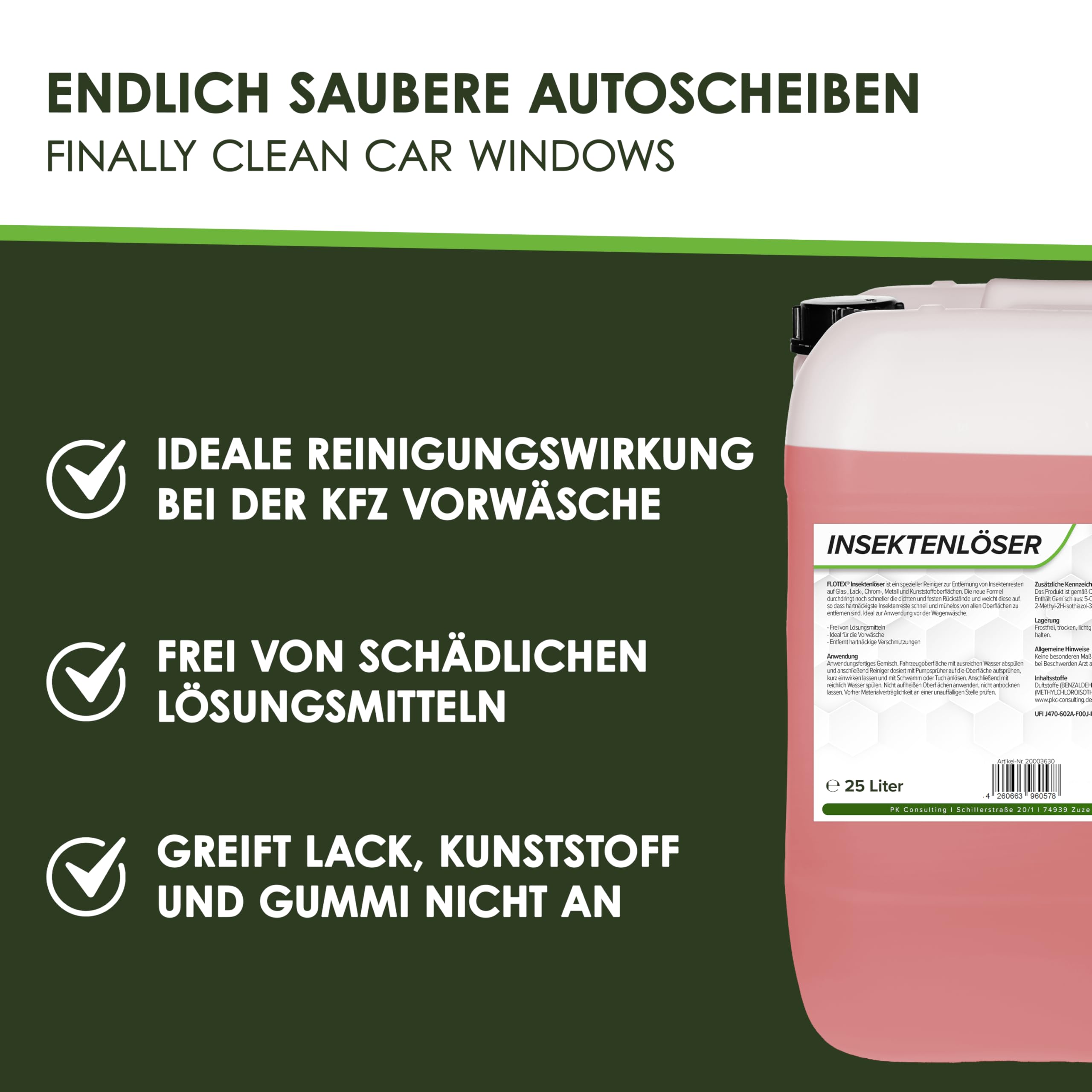 Profi Insektenentferner Auto - 25L I Insektenlöser für Auto & Motorrad - Ideal für Glas, Kunststoff, Lack & Chrom I Lackschonender KFZ Insektenentferner- Für optimale Vorwäsche