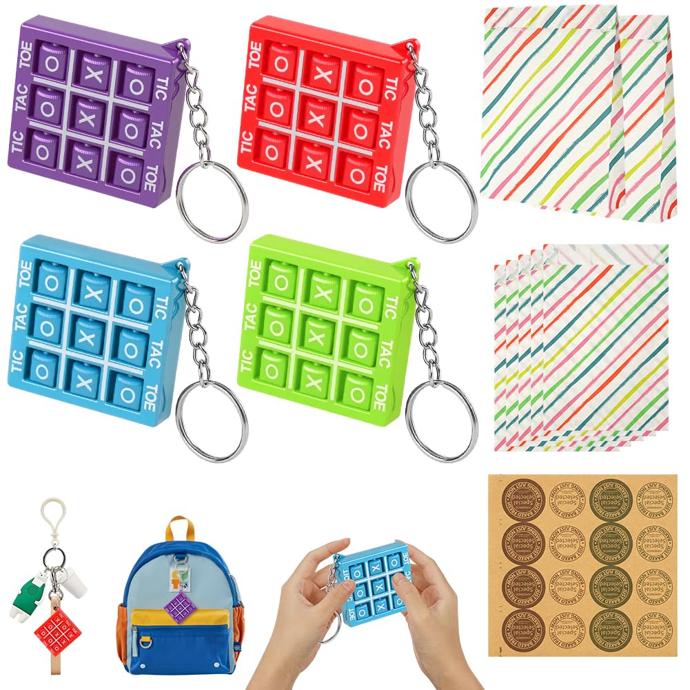 HAGOT 4 Pack Tic Tac Toe Keychain, 4 Gift Bags, 1 Stickers, Mini Keychains for Kids, Funny Backpack Keyring, Gifts for Party, Birthday