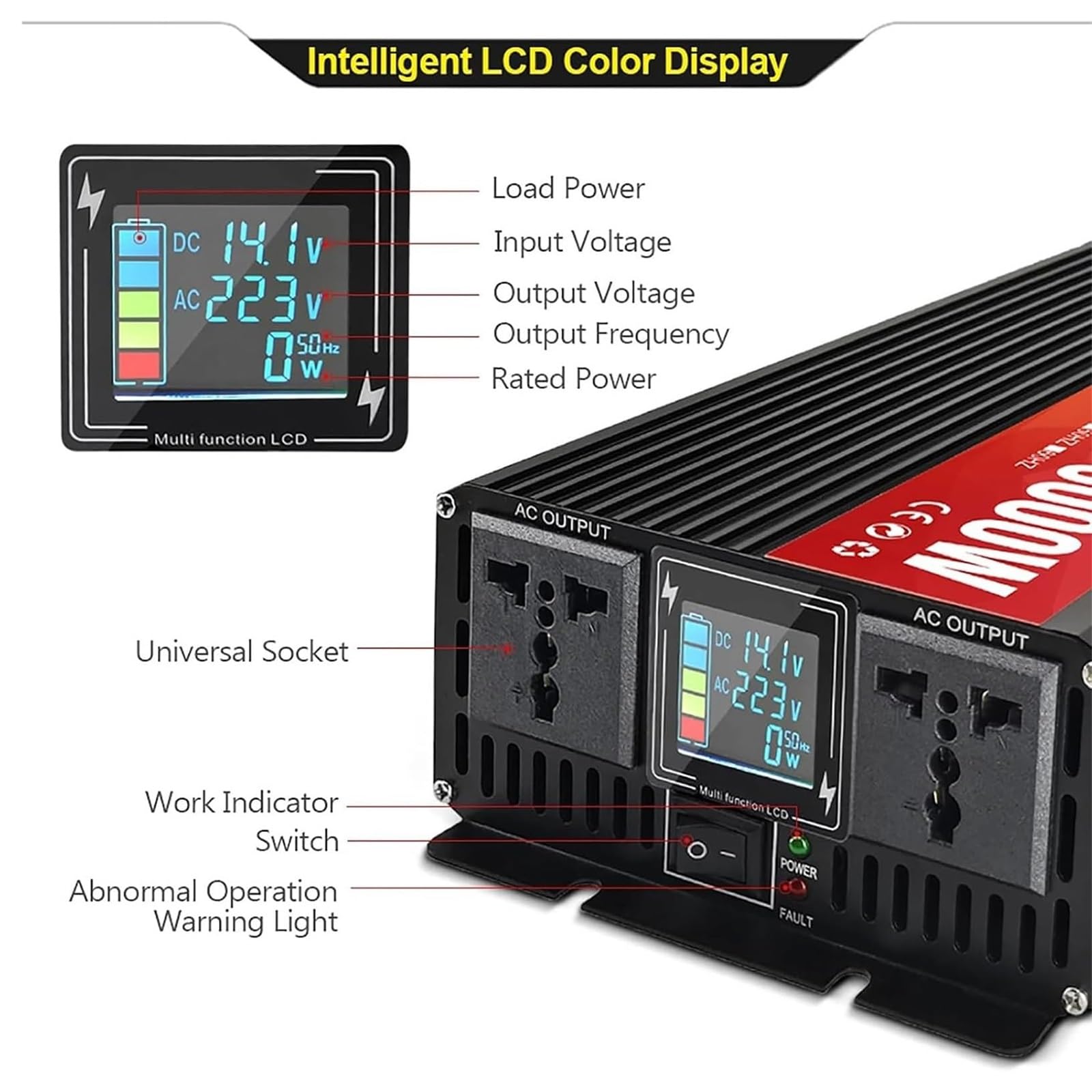 Inverter Solare, Convertitore Per Auto, Inverter A Onda Sinusoidale Pura | Prese Ca E Display Lcd, Inverter 48V Cc A Ca A Onda Sinusoidale Pura, Inverter Collegabili In Parallelo(4000W)