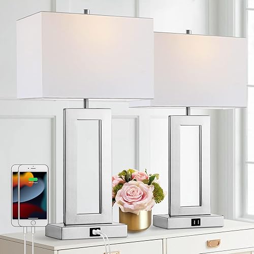 gernehop Silver Table Lamps Set of 2 with Dual USB Ports,3-Way Dimmable Touch Control Bedside Lamps,Modern Bedroom Table Lamp for Living Room,Nightstand LED Bulbs Included