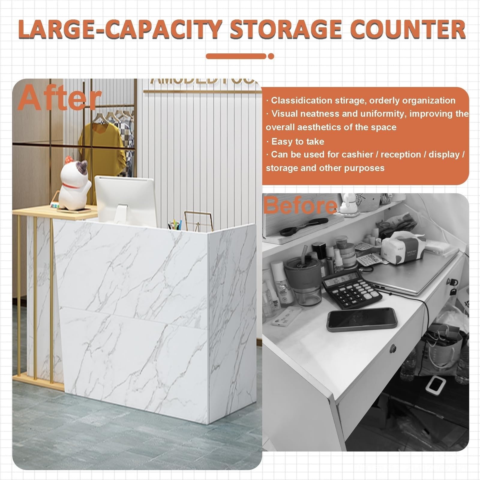 JingNian Comptoir de Réception Bois et Blanc, Meuble d’Accueil Moderne pour Bureau et Magasin, Table de Réception Stable avec Grand Plan de Travail(Warm White,120cm)