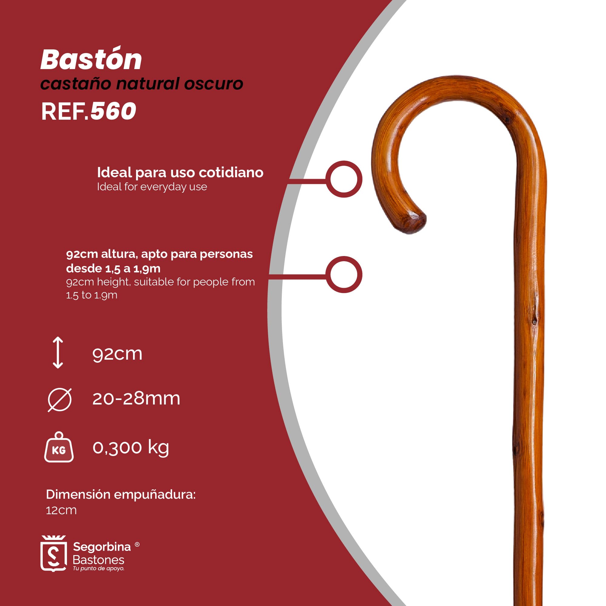 Bâton de soutien de marche en bois châtain 92 cm avec manche incurvé et embout en caoutchouc, Baton pour personnes âgées (560)