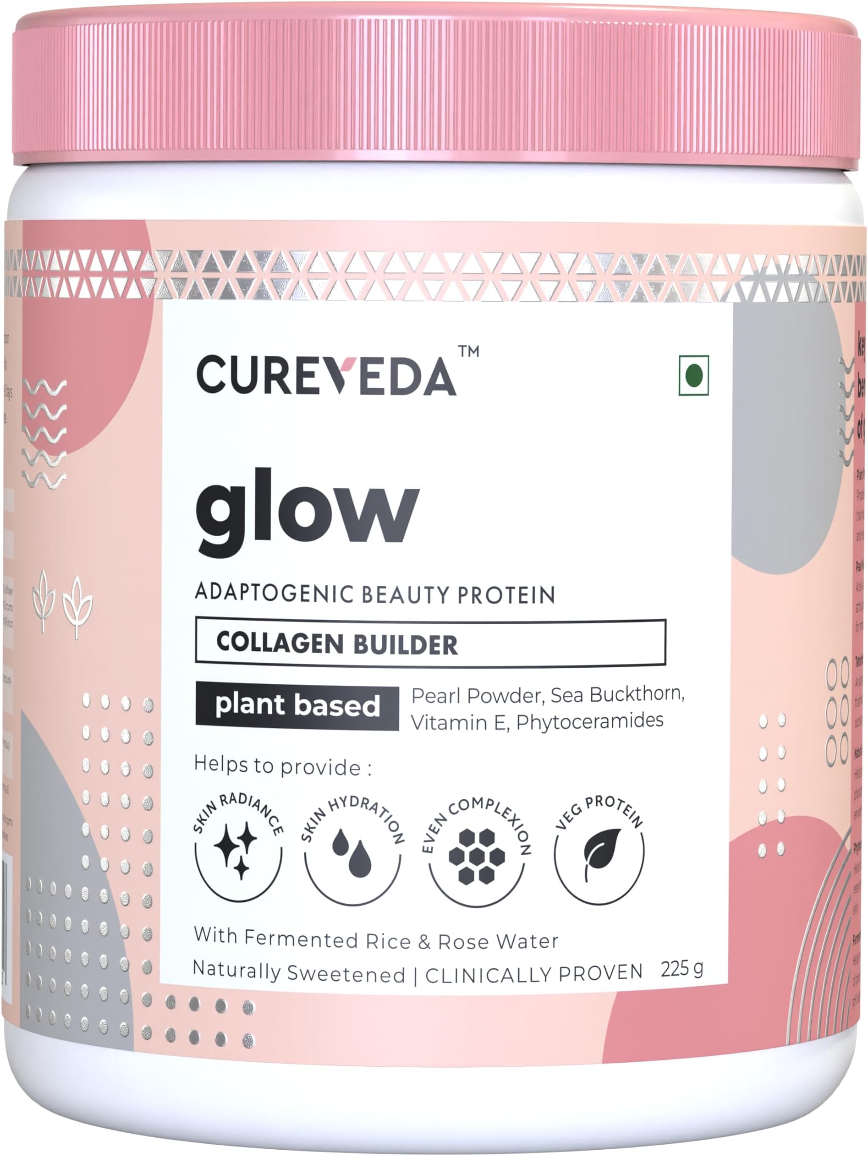 Cureveda Collagen Builder Glow Powder for Brighter & Youthful Skin, Plant-Based Supplement with Rose Water, Veg Beauty Protein, Evening Primrose 100IU, No Added Sugar, 225gm