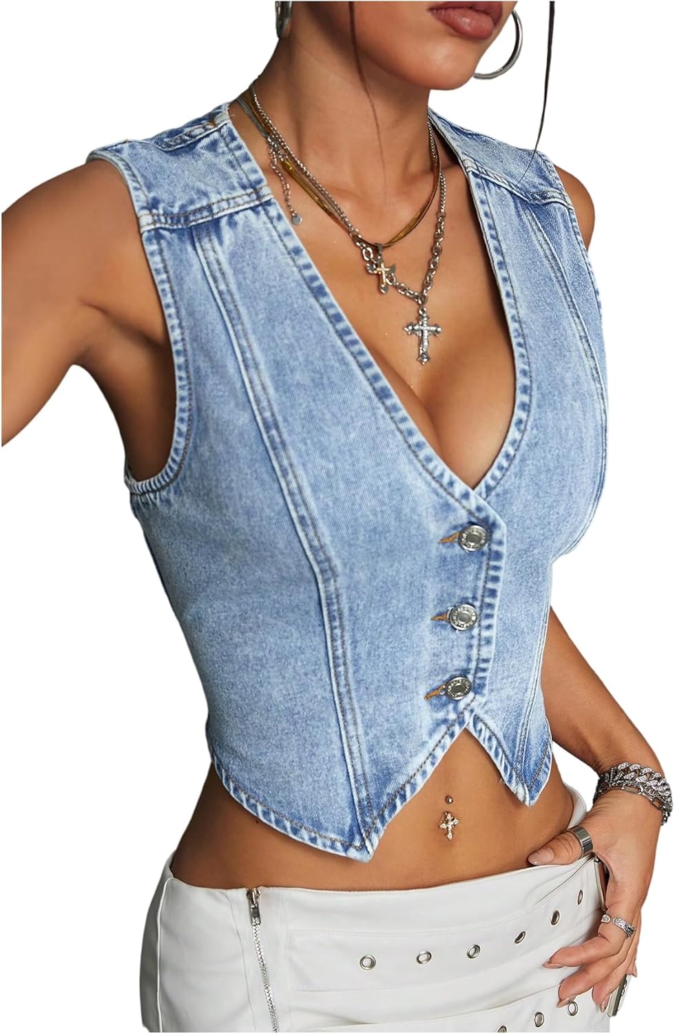 Floerns Women's Going Out Denim Vest Sleeveless Button Up V Neck Y2k Crop Tops