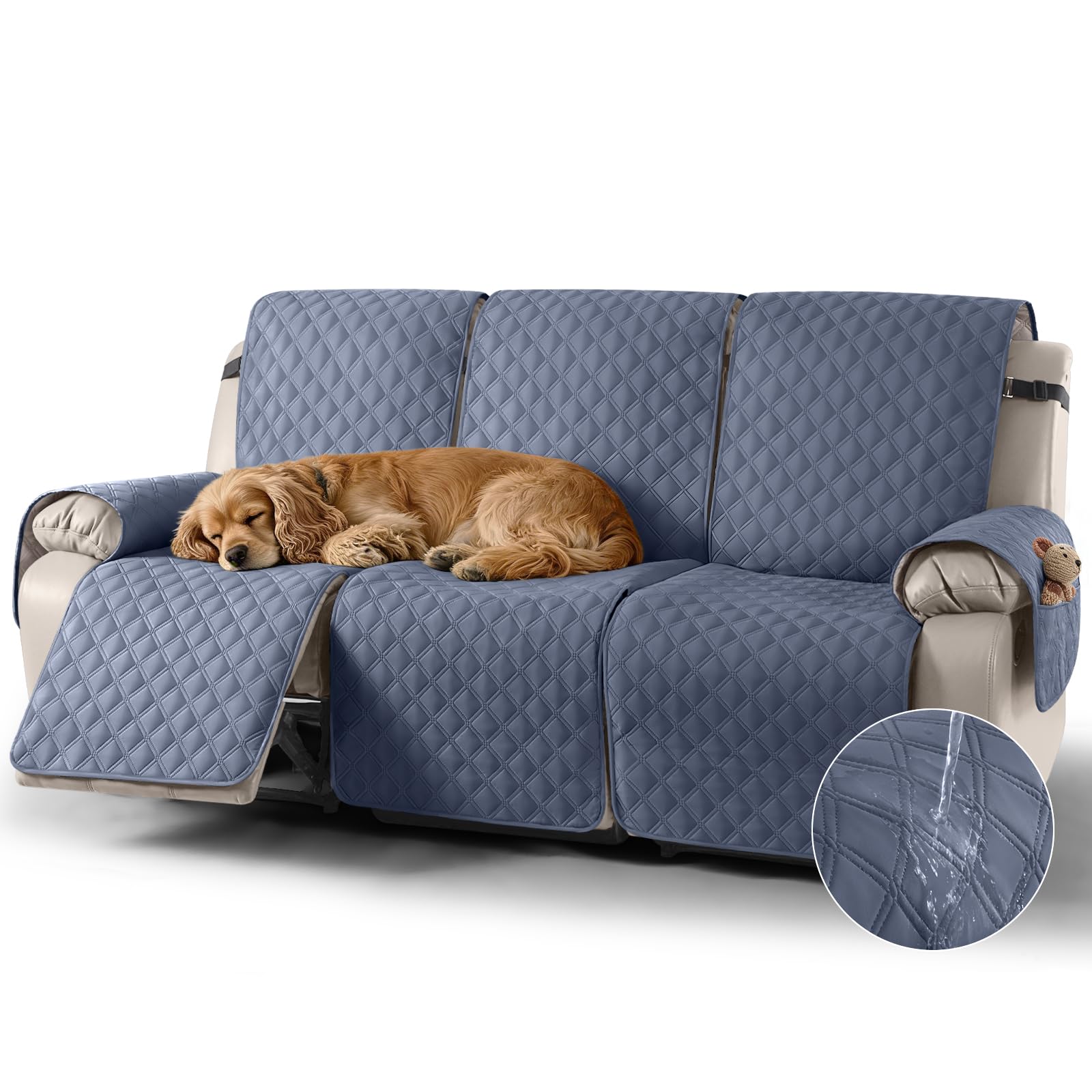TAOCOCO Recliner Covers,3 Seater Recliner Slipcovers,Waterproof Recliner Sofa Protector,Armchair Covers with Pockets,Non Slip Reclining Sofa Covers,Arm Chair Covers for Pets/Dogs/Kids(Bluish Grey)