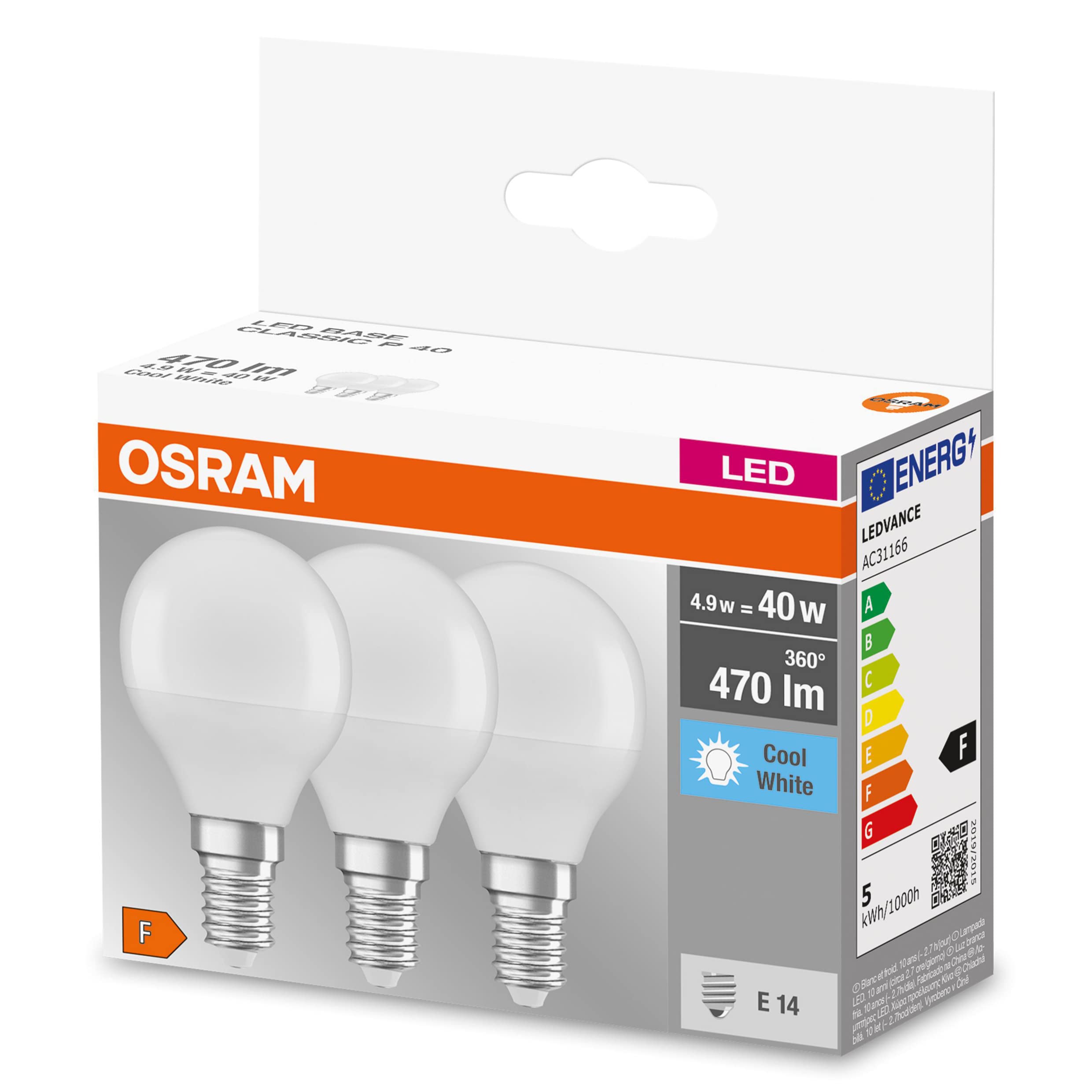 OSRAM LED BASE Classic P40, lampade LED a filamento smerigliato in vetro per base E14, forma di candela, bianco freddo (4000K), 470 lumen, sostituisce le lampadine 40W, scatola di 30 lampade