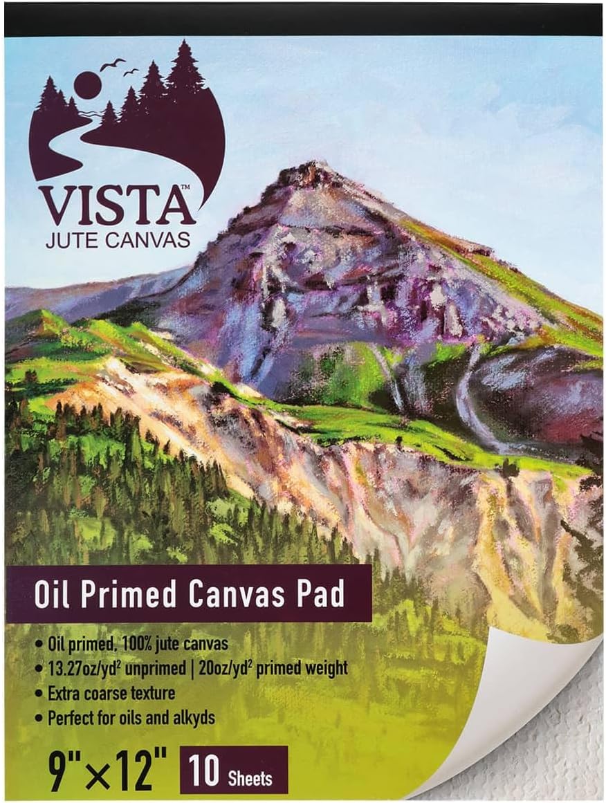 Vista Jute Oil Primed Canvas Pad 9"x12" - 10 Sheets, Blank Canvas for Eco Friendly Artists, Double-Primed Jute Surface, Ideal for Oils, Extra-Coarse Texture, Tape-Bound