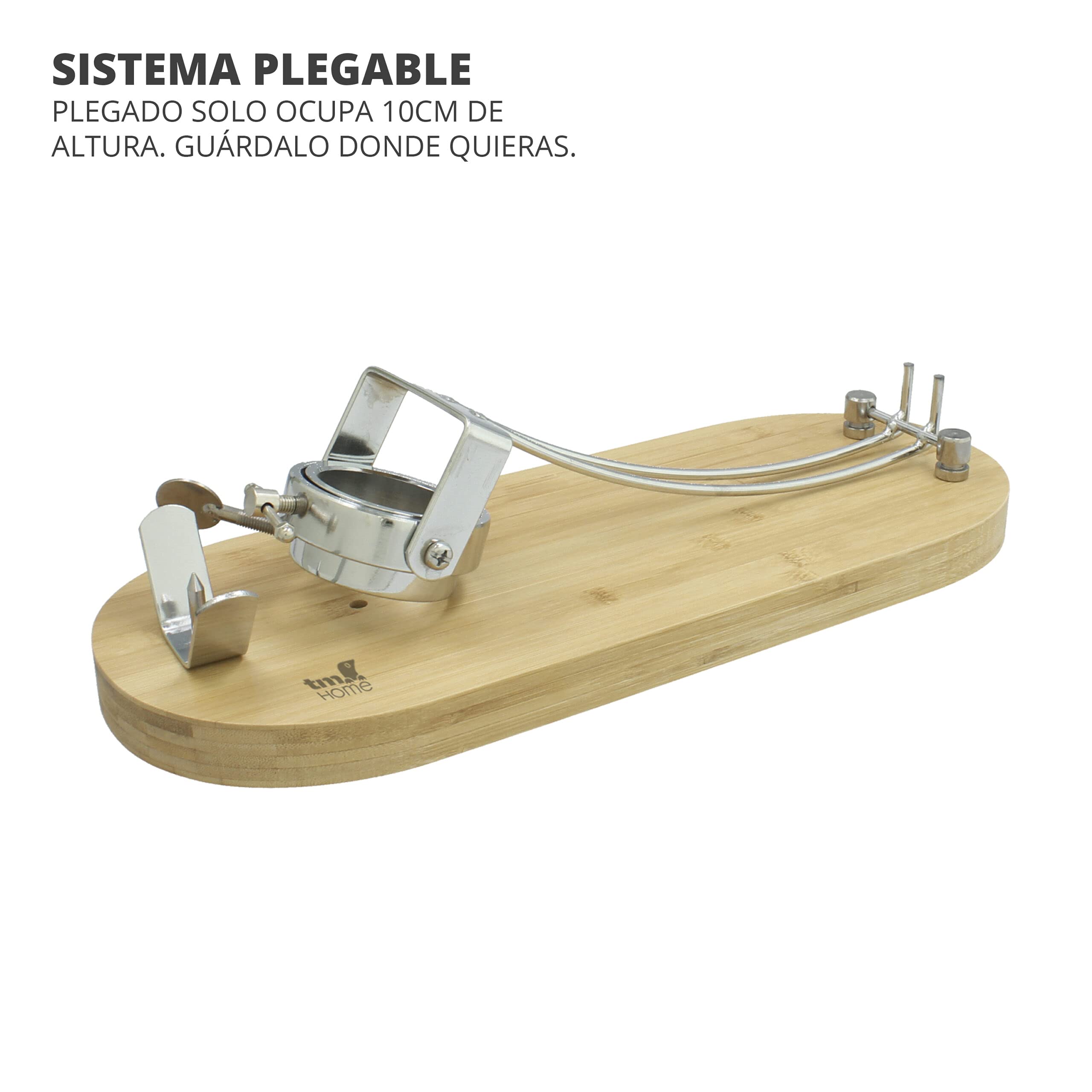 TM Electron HOCU105 Jamonero de Madera de bambú, Tacos de Silicona para una Buena adherencia, Sistema de Plegado, con Cabezal Giratorio Ajustable Ideal para Todo Tipo de paletillas y jamones