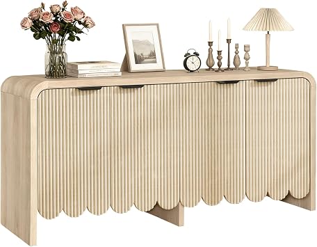 Wood Buffet Cabinet, Credenza Storage Cabinet with 4 Doors and Adjustable Shelves, Fluted Console Cabinet for Living Room, Kitchen, Hallway, Entrway