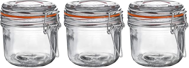 Argon Tableware 3x 200ml (0.2 Litre) Clear Glass Storage Jars with Orange Airtight Silicone Seal and Metal Clip Lids - 6.7oz Small Empty Kitchen Containers