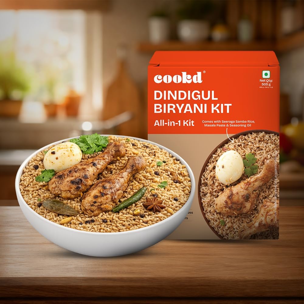 Cookd Dindigul Biryani Kit (Serves 3) | Biryani Masala Paste with Seeraga Samba Rice | Ready-to-Cook Kit | Cooks in 20 Minutes | No Added Flavours or Preservatives (Pack of 1)