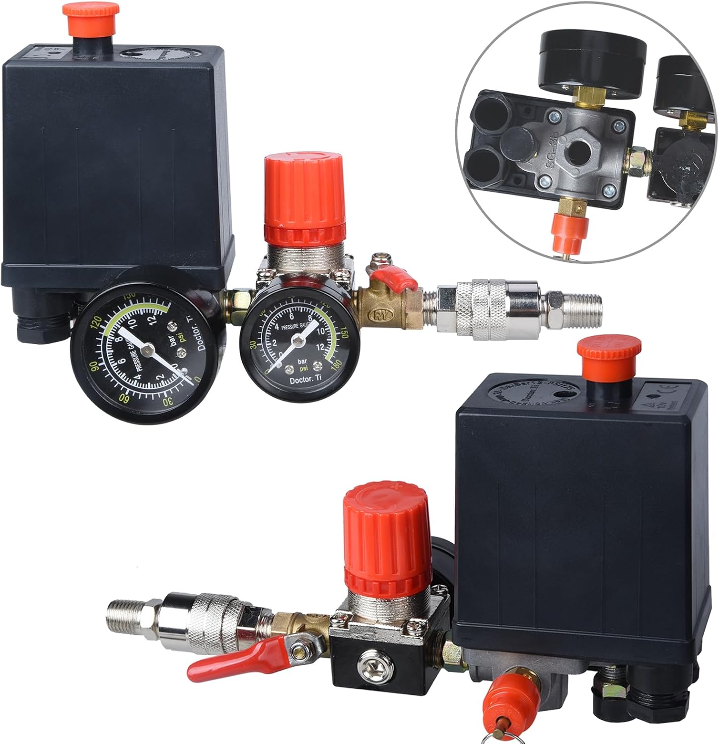 Preciva Air Compressor Pressure Switch Control Valve with 4 Way Valve Air Pressure Regulator 0-180PSI / Safety Pressure Relief Valve/Threads Pipe & Plug