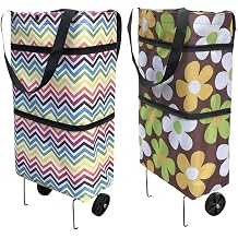Reusable Grocery Bags with Waterproof Coating and Folding Wheels - 2 Pack Foldable Tote Bags for Shopping, Multi-Purpose Storage for GroceriesColorful Stripes + Coffee Flowers