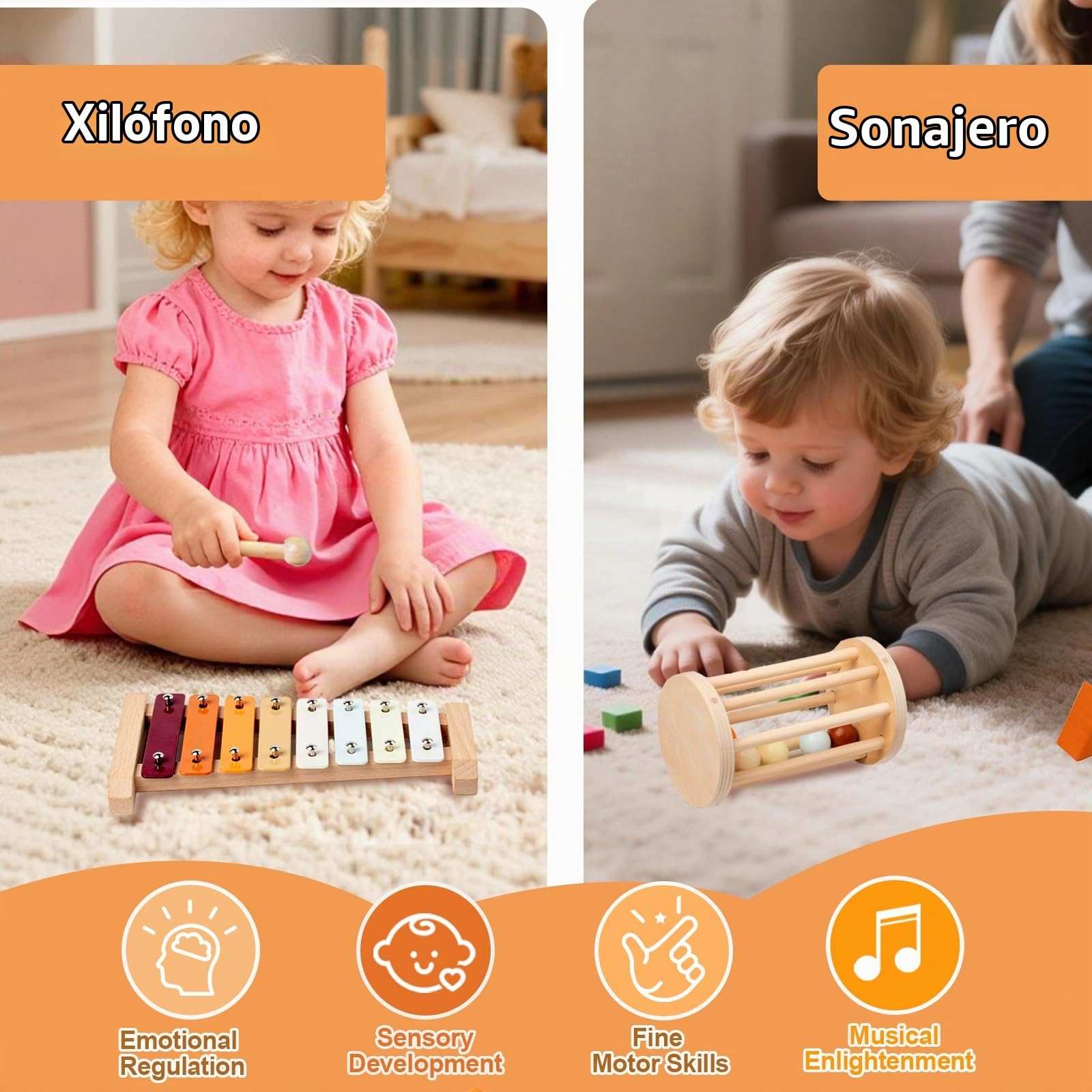 Juguetes Madera 5-en-1 para Bebe, Juguetes Montessori 1 Año con Torre Apilable, Instrumentos Musicales Niños, Motricidad Fina, Juguetes Sensoriales Educativos Montessori, Regalo 1 2 3 Años