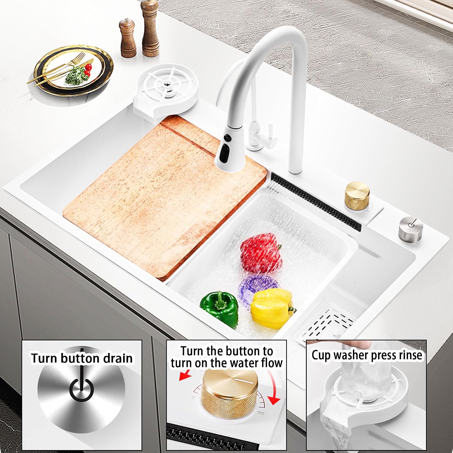 Waterfall Kitchen Sink White 304 Stainless Steel Waterfall Pull-Faucet Single Bowl Bar sinks Family Kitchen Sink with Full set Accessories (29.5"x17.7"x9", White)