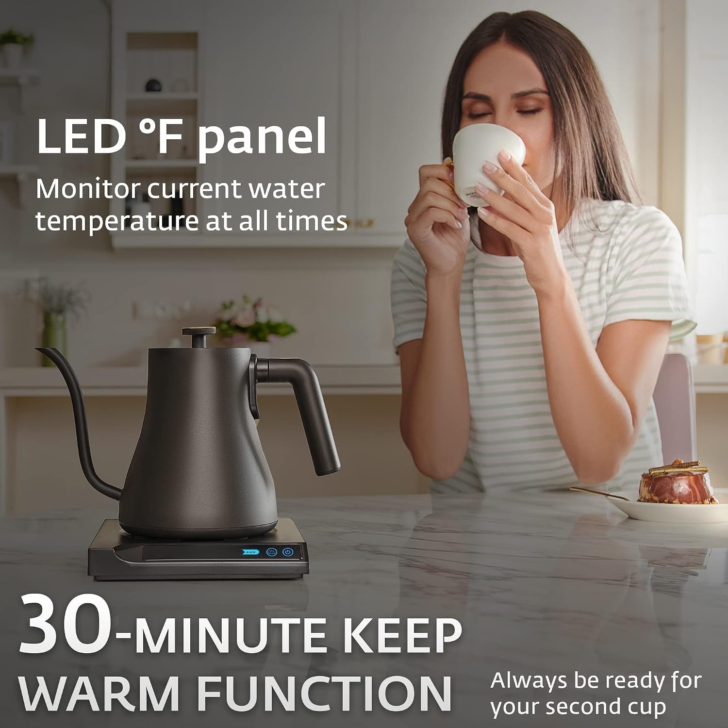 Gooseneck Electric Kettle Temperature Control With 7 Presets - Gooseneck Kettle for Coffee & Tea 100% Stainless Steel, Touch LED Panel, Automatic Shut Off, Fast Boil and Keep Warm Watter Kettle