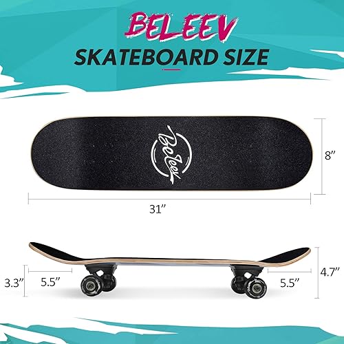 Miniatura 7 de BELEEV Patinetas para principiantes, 31 x 8 pulgadas, patineta completa para niños, adolescentes y adultos, 7 capas de arce canadiense doble patada