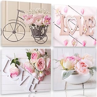 Feeby Frames, Quadro multipannello di 4 Pannelli, Quadro su Tela, Stampa Artistica, Canvas, 40x40 cm, Love, Rose, Fiori, Mazzo, Rustico, Rosa