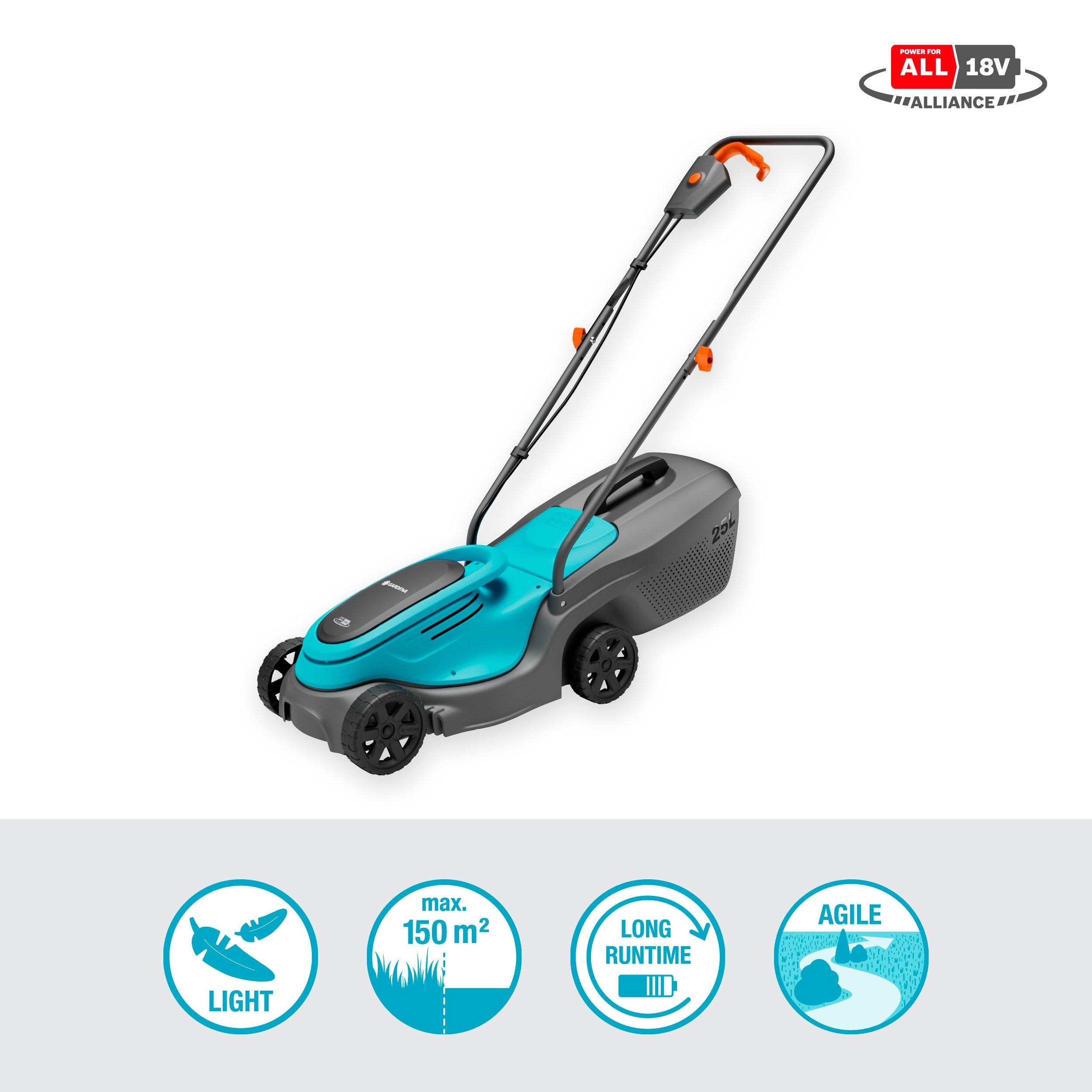 Gardena Cortacésped PowerMax 30/18V P4A con batería, Set Listo para Usar: 30 cm de Ancho, Capacidad de 25 l, Ajuste de Altura, Ligero, Sin Cable (14630-20)