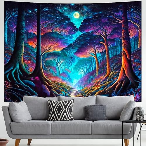 Miniatura 4 de Yuiqear Tapiz de bosque de fantasía, tapiz de árbol de la vida, tapiz Trippy Galaxy Luna, tapices de pared con árboles de bosque brumoso, tapiz