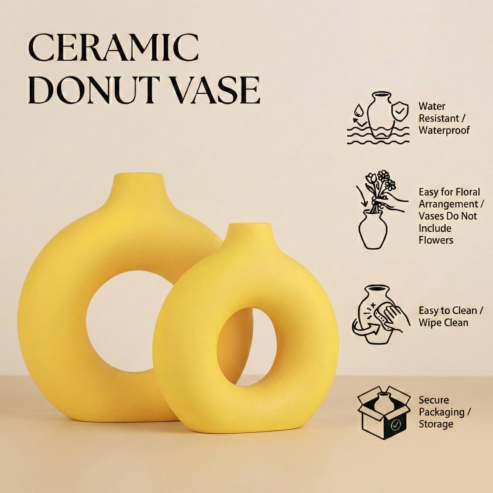 Donut-Vasen, kreisförmige Matte Keramikvase für Eingangsbereich, Wohnzimmer, Schlafzimmer, Esstisch, Tischdeko, Büro, Wohndeko, Gelb, 2er-Set