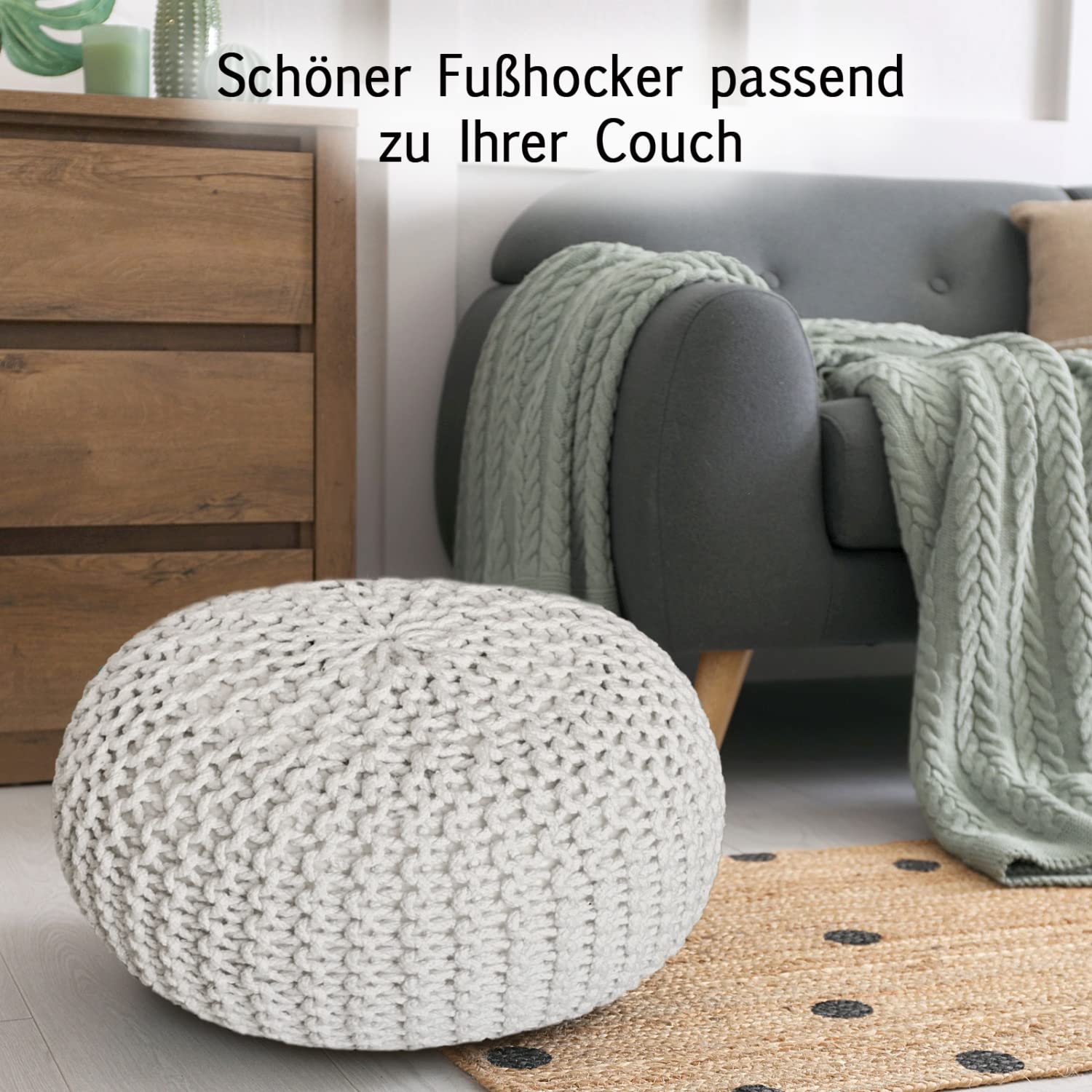 casamia Pouf Ø 55 o 45 cm, sgabello lavorato a maglia, per interni, dimensioni ø 45 cm, colore bianco
