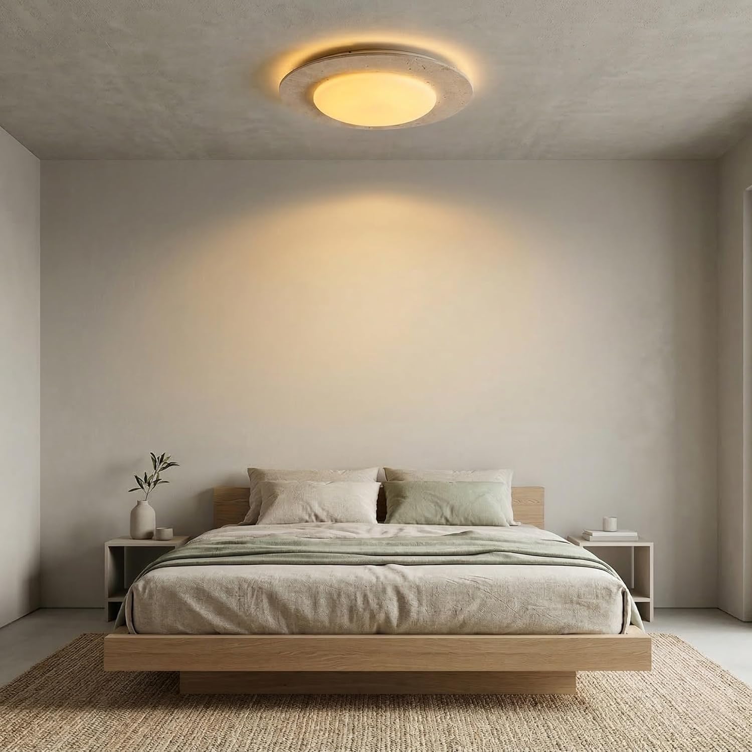 Dimmbare LED-Deckenleuchte Aus Travertin,Moderne Runde Deckenlampe Aus Naturstein Im Wabi-Sabi-Stil,Minimalistische Heimdekoration Beleuchtung Für Schlafzimmer,Wohnzimmer Und Flur(30CM)