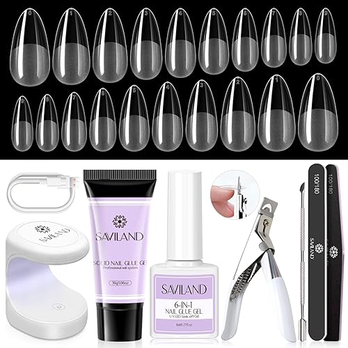 Saviland Gel X Nail Kit Stater Set - Medium Almond Soft Nail Tips with 30g Solid Glue Gel Nail Glue Gel with Portable Nail Lamp Gel Tips Nail