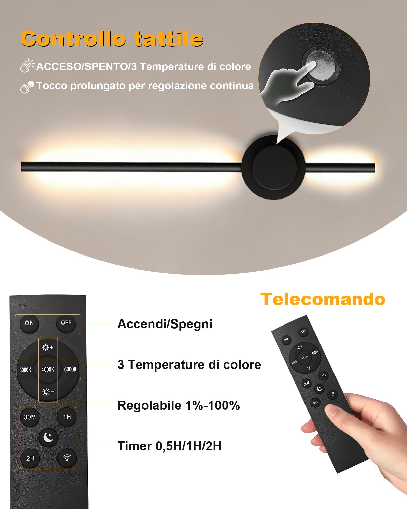 BRIMAX Applique a Parete LED 70CM Nero Senza Fili, 3000K-6500K | Batteria 5000mAh rimovibile, 3W, dimmerabile, controllo touch e telecomando, per soggiorno, corridoio, decorazione interna