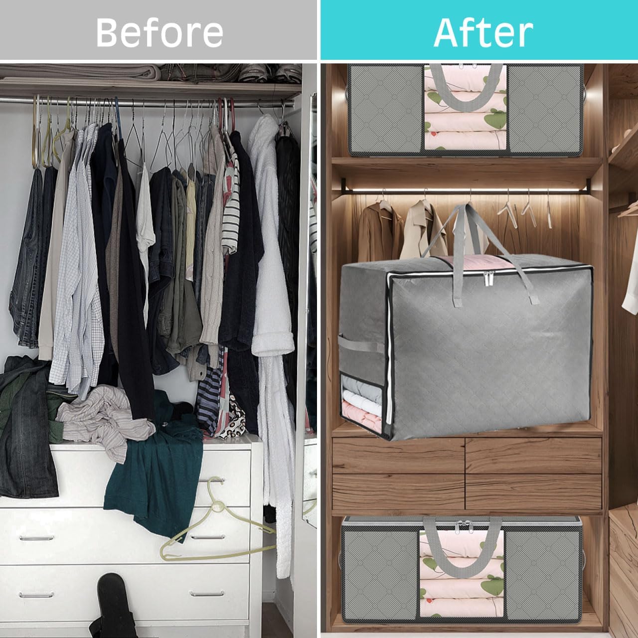 4Pack 105L Extra Large Blanket Storage Bags, Foldable Comforter Storage Bag for Bedding Pillow Sheet Clothes with Handles Zippers Clear Window Closet Organizers and Storages, Grey - Image 4