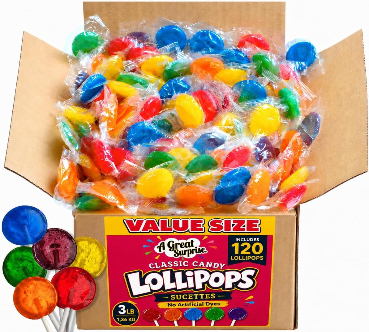 A Great Surprise Classic Lollipops - 3 Pounds - Individually Wrapped Candies - Flat Round Bulk Suckers For Kids, Doctors Office, Schools, Banks