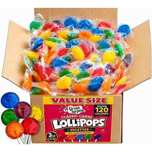 A Great Surprise Classic Lollipops - 3 Pounds - Individually Wrapped Candies - Flat Round Bulk Suckers For Kids, Doctors Office, Schools, Banks