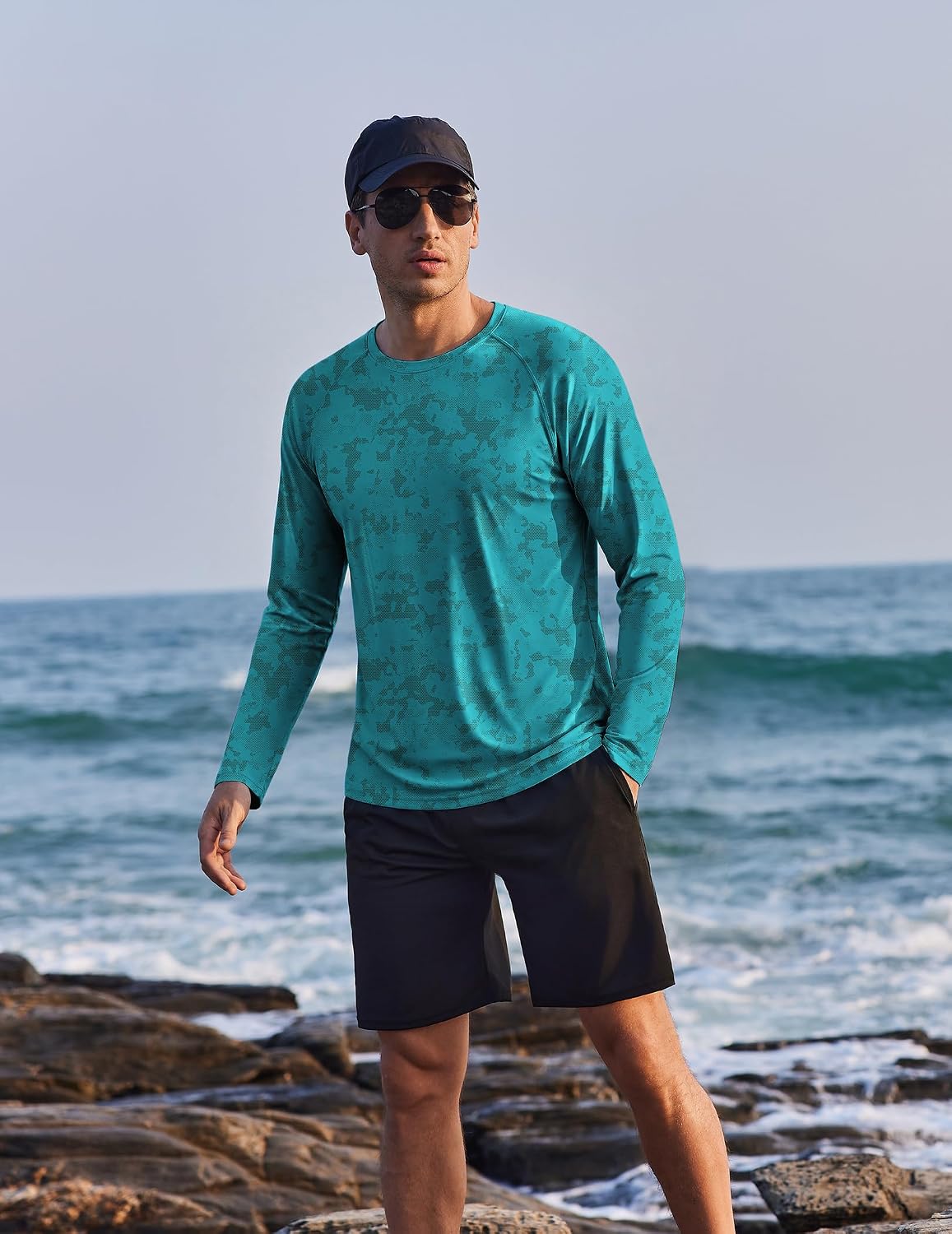 PINSPARK Men's Camouflage Rash Guard Shirts Quick Dry UV Protection Fishing Shirts Long Sleeve UPF 50+ Summer Swim Shirt