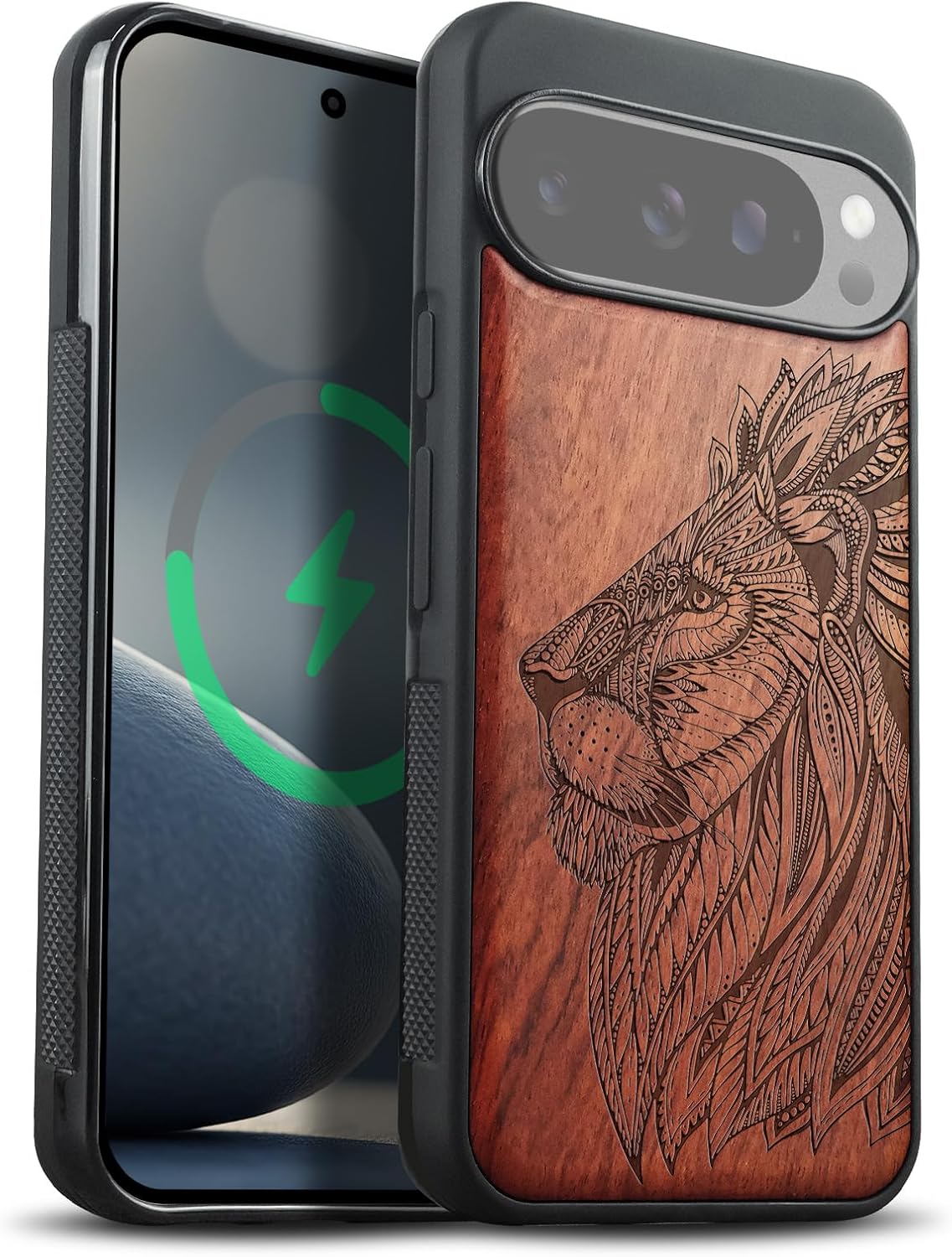 Carveit Magnetic Wooden Case for Google Pixel 10 / Pixel 10 Pro Case, Wood Artisan Engraved & Soft TPU Shockproof Cover, Compatible with MagSafe Wireless Chargers (The Ornate Lion's Head) Rosy
