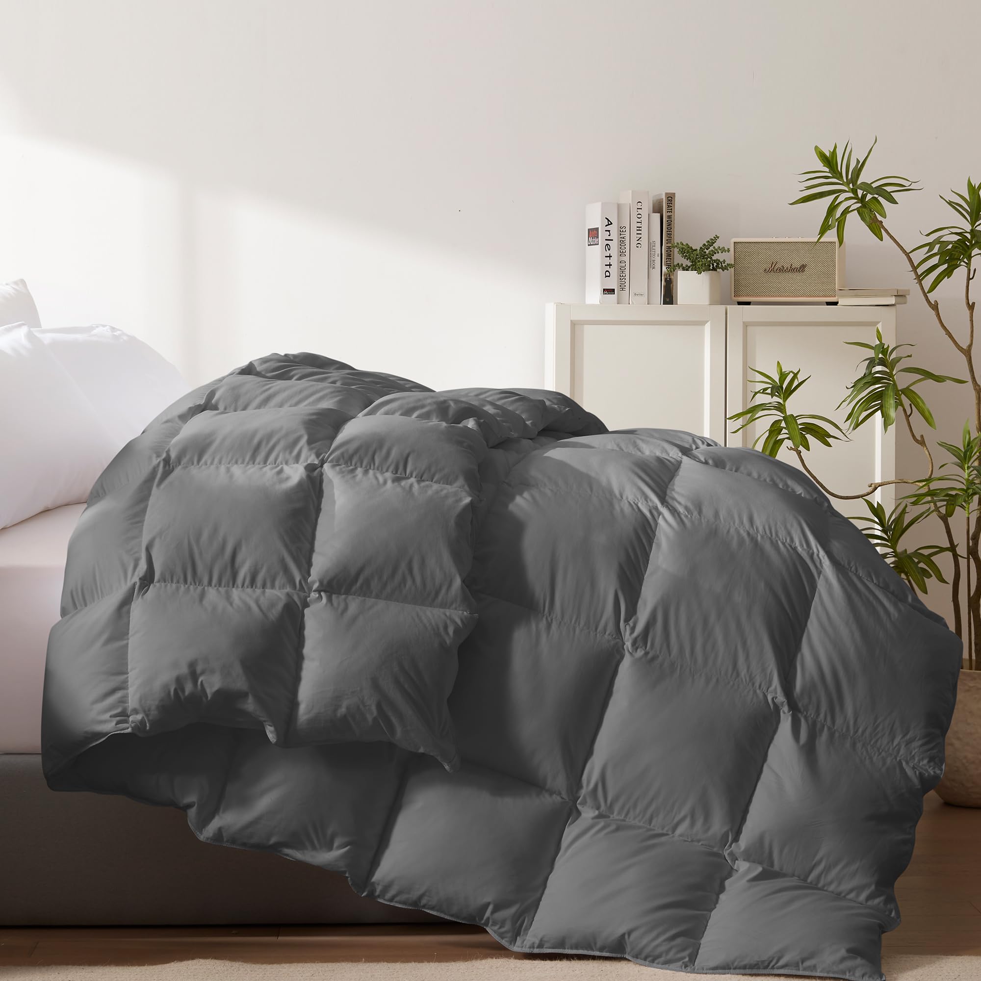 Cosybay Heavyweight Queen Feather Comforter Filled with Feather & Down Fiber - Fluffy Thicker Dark Grey Duvet Insert- Luxurious Hotel Bedding Comforters with Cotton Cover - Queen 90 x 90 Inch