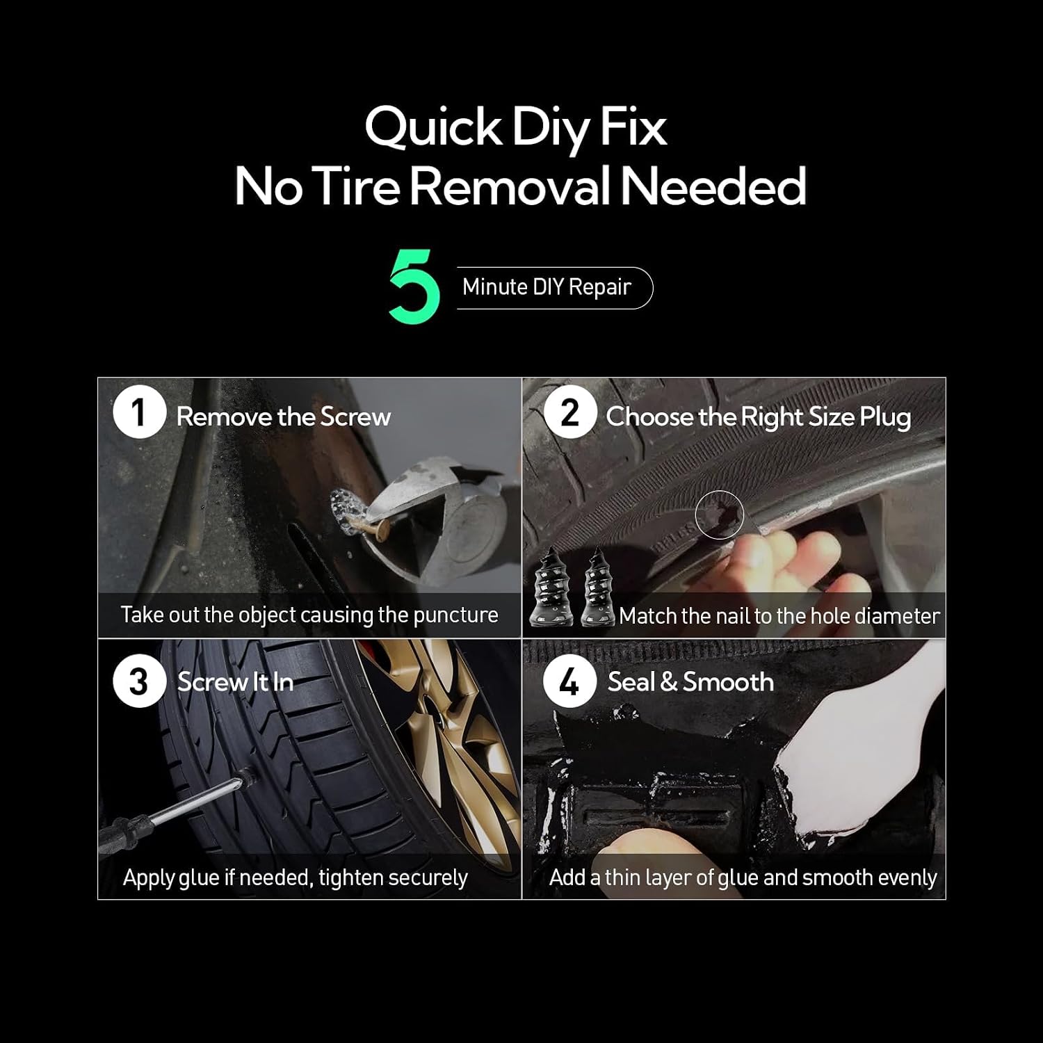 Tire Repair Glue Kit 100ml + 20pcs 2-Size Rubber Nail Plug, Fast Drying Waterproof Black Rubber Cement, Heavy Duty Emergency Tire Repair for Car Motorcycle SUV Truck ATV Tractor