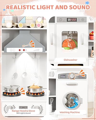 Miniatura 4 de MAMIZO Cocina de esquina de madera, gran juego interactivo de cocina para niños pequeños con pizarra, estufa y campana extractora con luz y sonido,