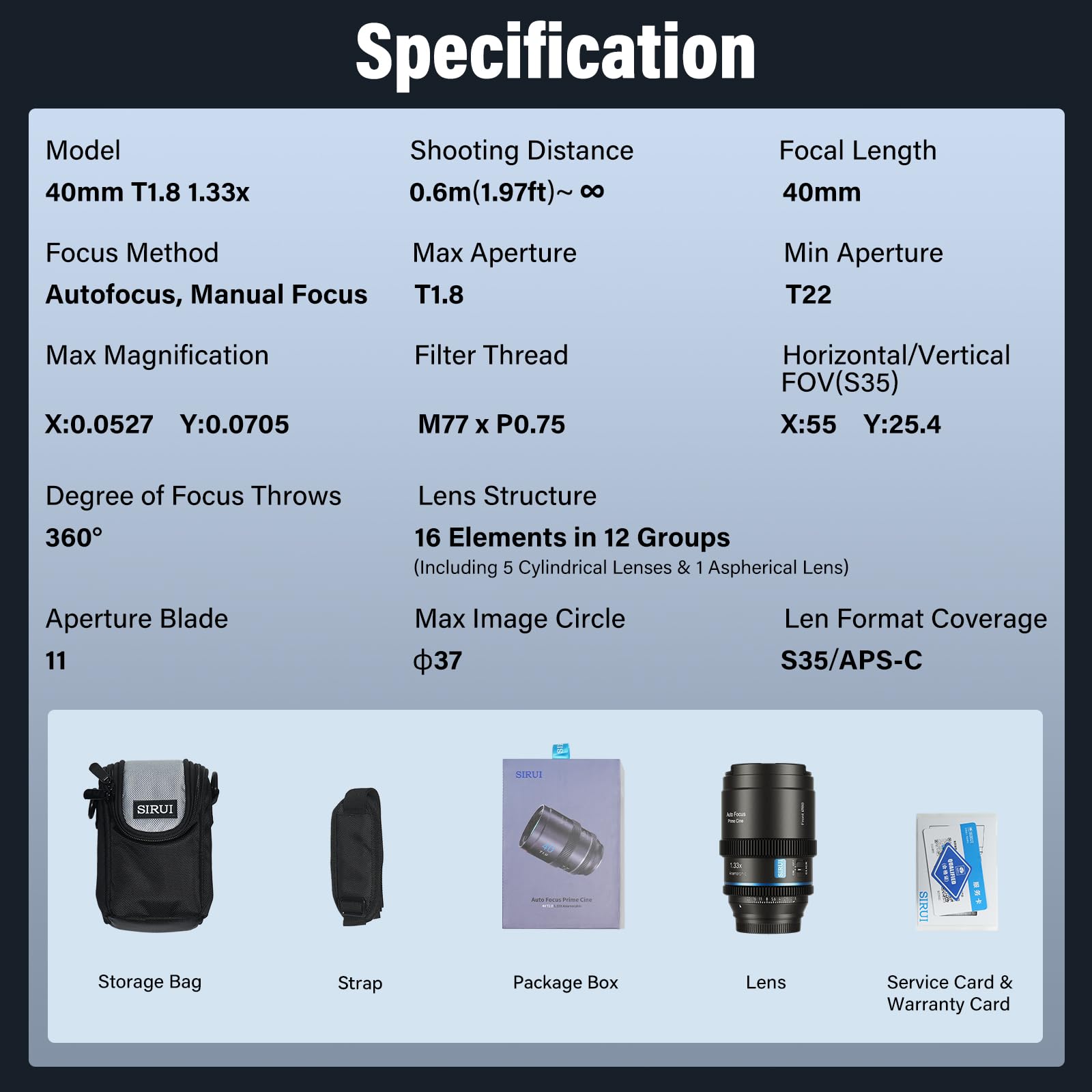SIRUI 40 mm T1.8 1.33 X Anamorphic Lens S35 Autofocus Lens for L Mount Cameras, DC-S5/S5M2, DC-S1/S1H/S1R, DC-S9, SL1, CL, FP, FPL (Neutral Flare)