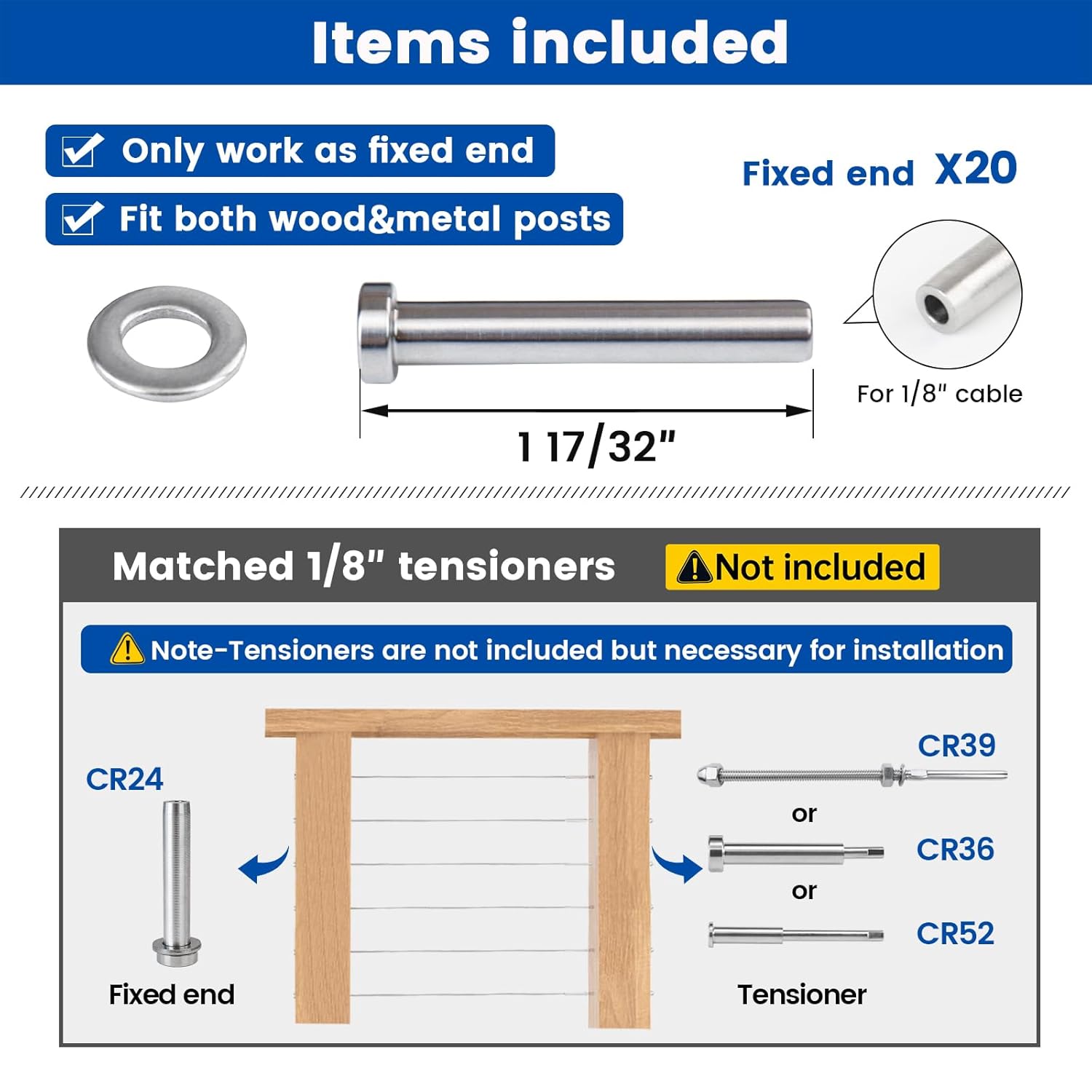 Muzata 20 Pack 1/8" Invisible Cable Railing Stemball Swage Dead End Terminal for Wood Post T316 Stainless Steel Deck Cable Railing Kit Hardware End Fitting CR24