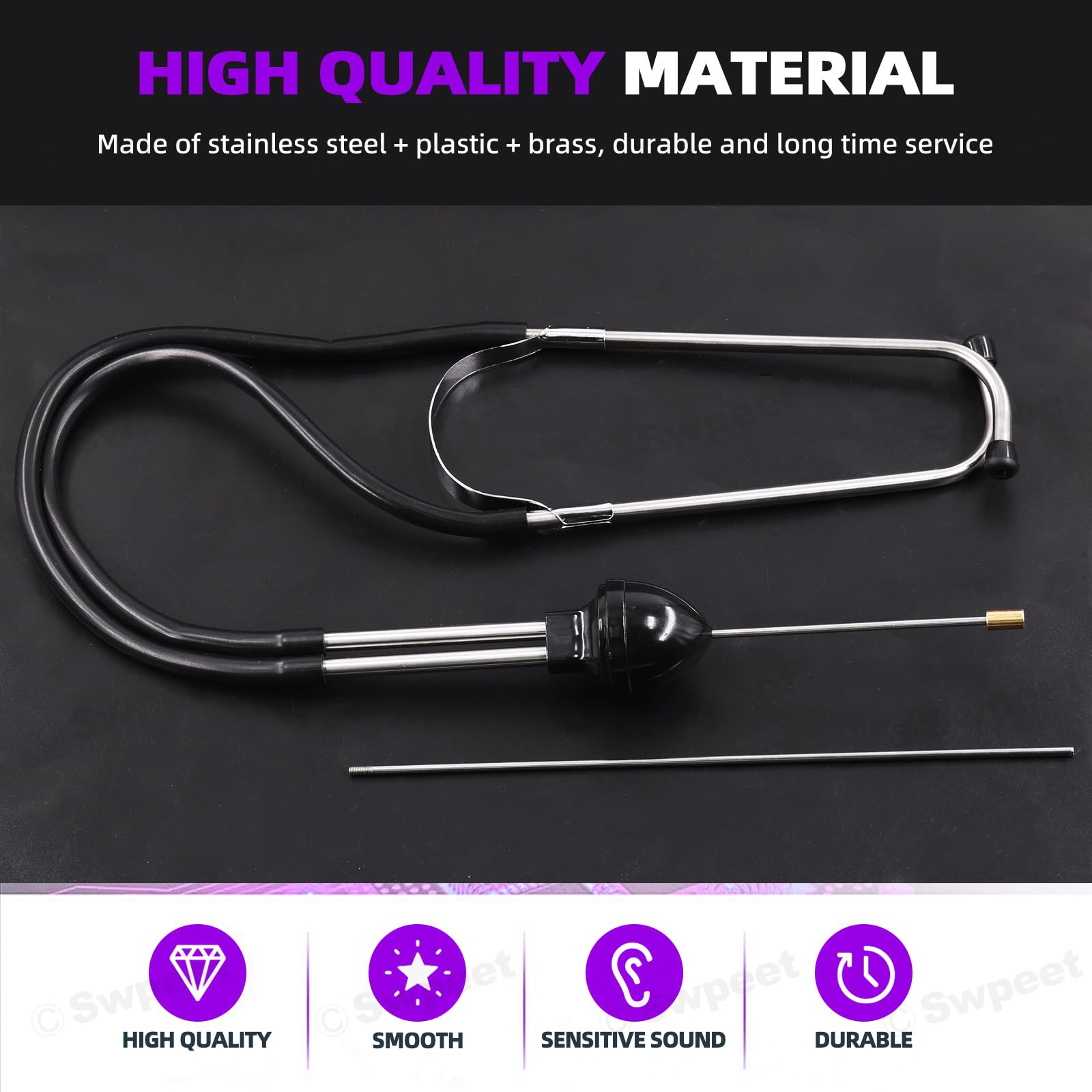 Swpeet 2Pcs Automotive Acciaio Inox Cilindro Meccanico Stetoscopio Motore Kit include Gomma Buds Sonda Tubo, Strumento Diagnostico per Auto, Camion e Moto, Motore Tester (Nero)