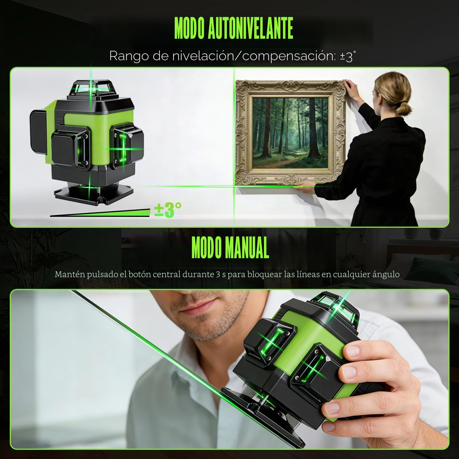 Nivel Láser 4D 16 Líneas, 4×360° Autonivelante con Pantalla Digital de Batería, Láser Verde con Modo Pulso y Control Remoto, Verde