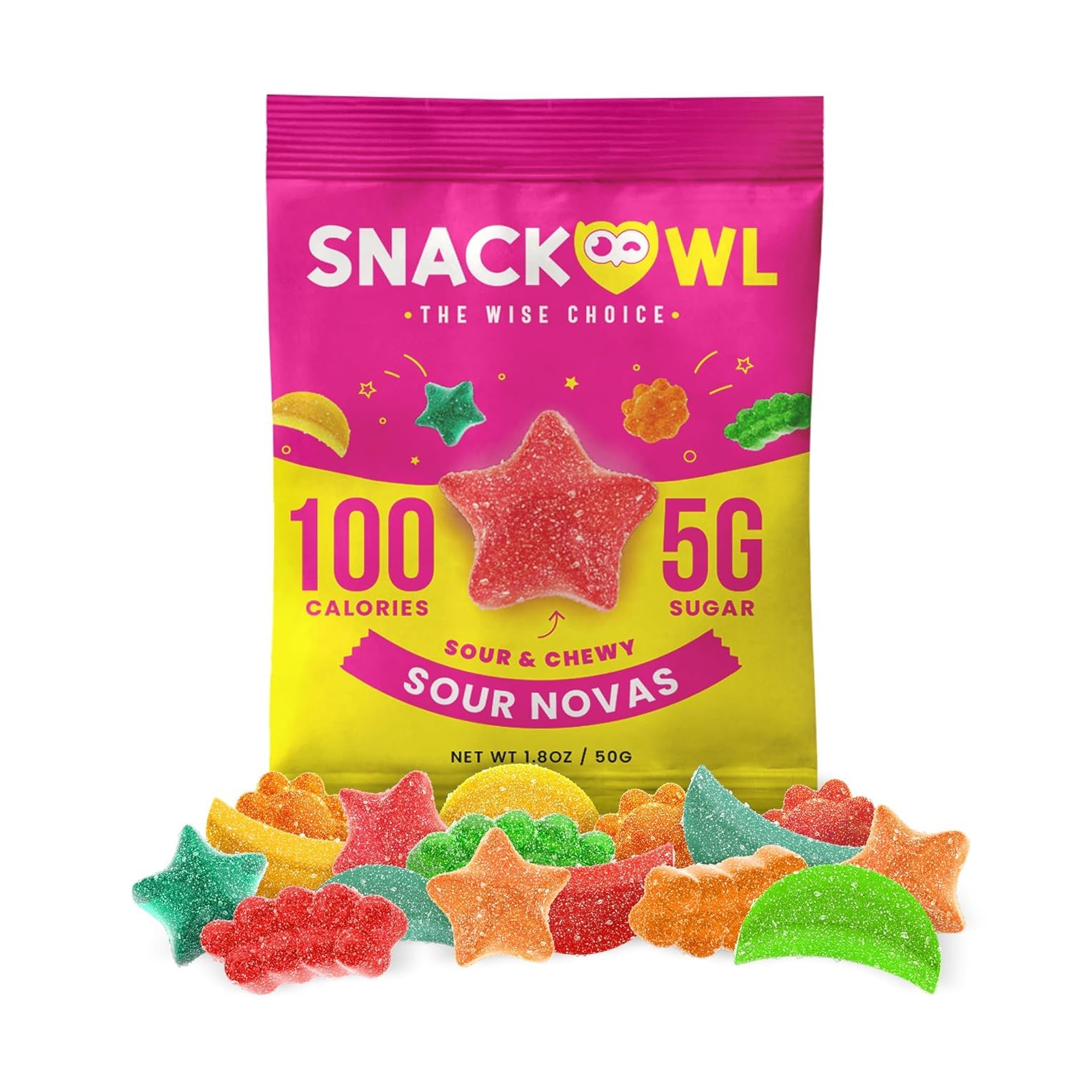 Snack Owl Vegan Sour Gummy Candy – Gluten Free, Low Calorie Candy - Guilt Free & Delicious Healthy Gummy Snacks - (Sour Nova)