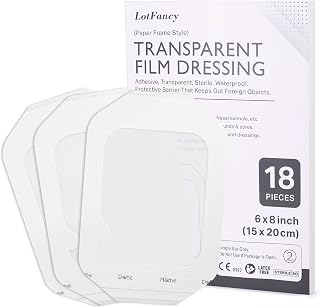 LotFancy Transparent Film Dressing 6x8 inch, 18PCS, Sterile, Waterproof Adhesive Wound Cover Bandage Tape, Film Dressing for Post Surgical, Scar Therapy, Medical Supplies, Tattoo Dressings