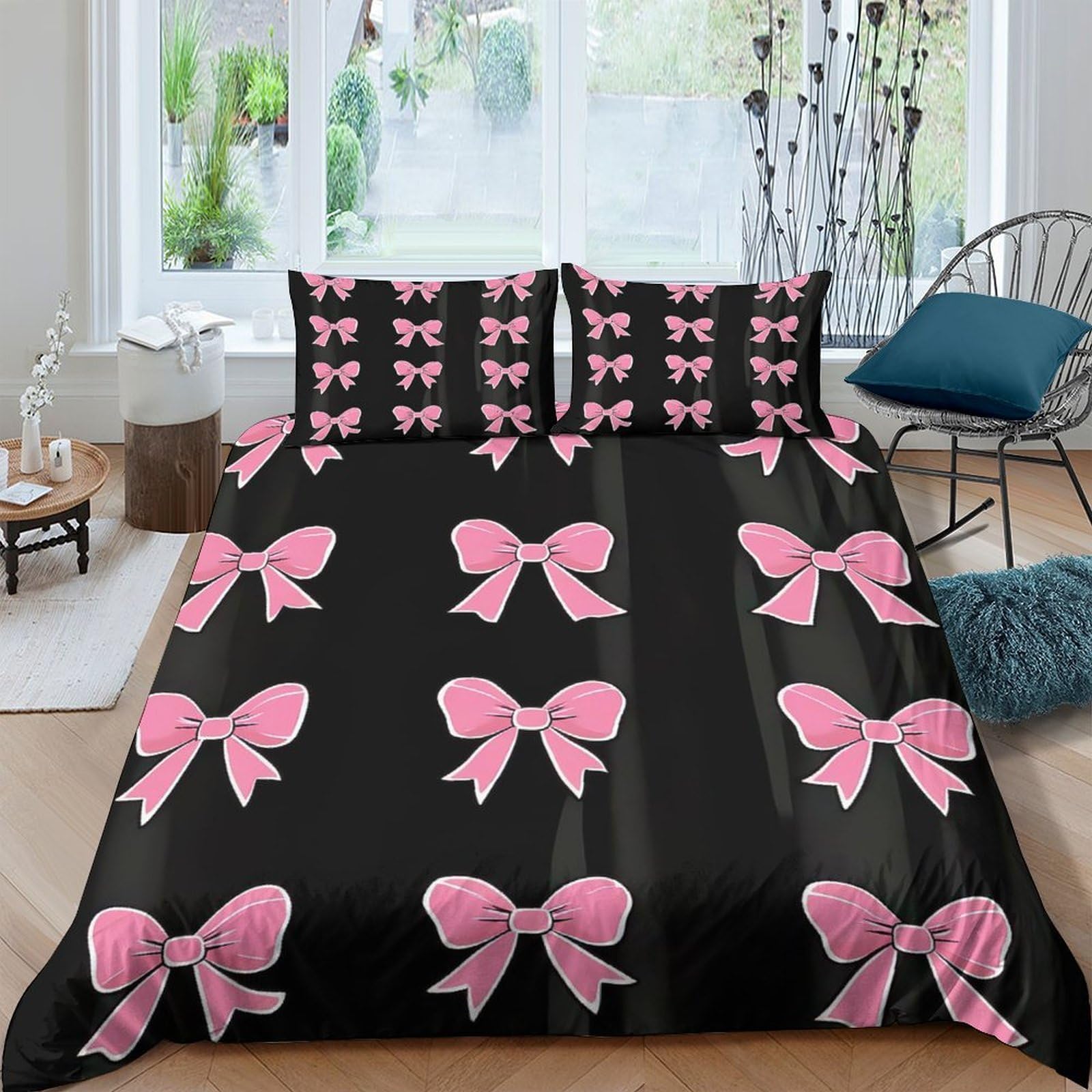 Ctjqhvkz Style-10 3D Printed Pink Bow Fitted Sheet Microfiber Soft Black Ribbon Bed Cover For Bedroom Guest Room Decor Single（135X200cm）