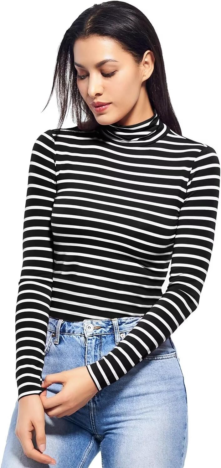 Zengjo Long Sleeve Turtleneck Women Stretch/Short Sleeve Tops Fitted Tee Shirt - Image 4